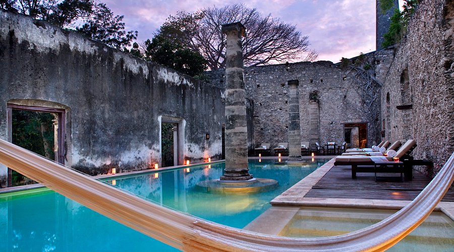 Roofless stone walls and columns of an old estate building with trees growing through.