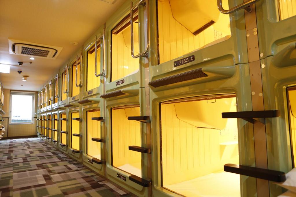 Rows of stacked moulded sleeping units with short ladders between them.