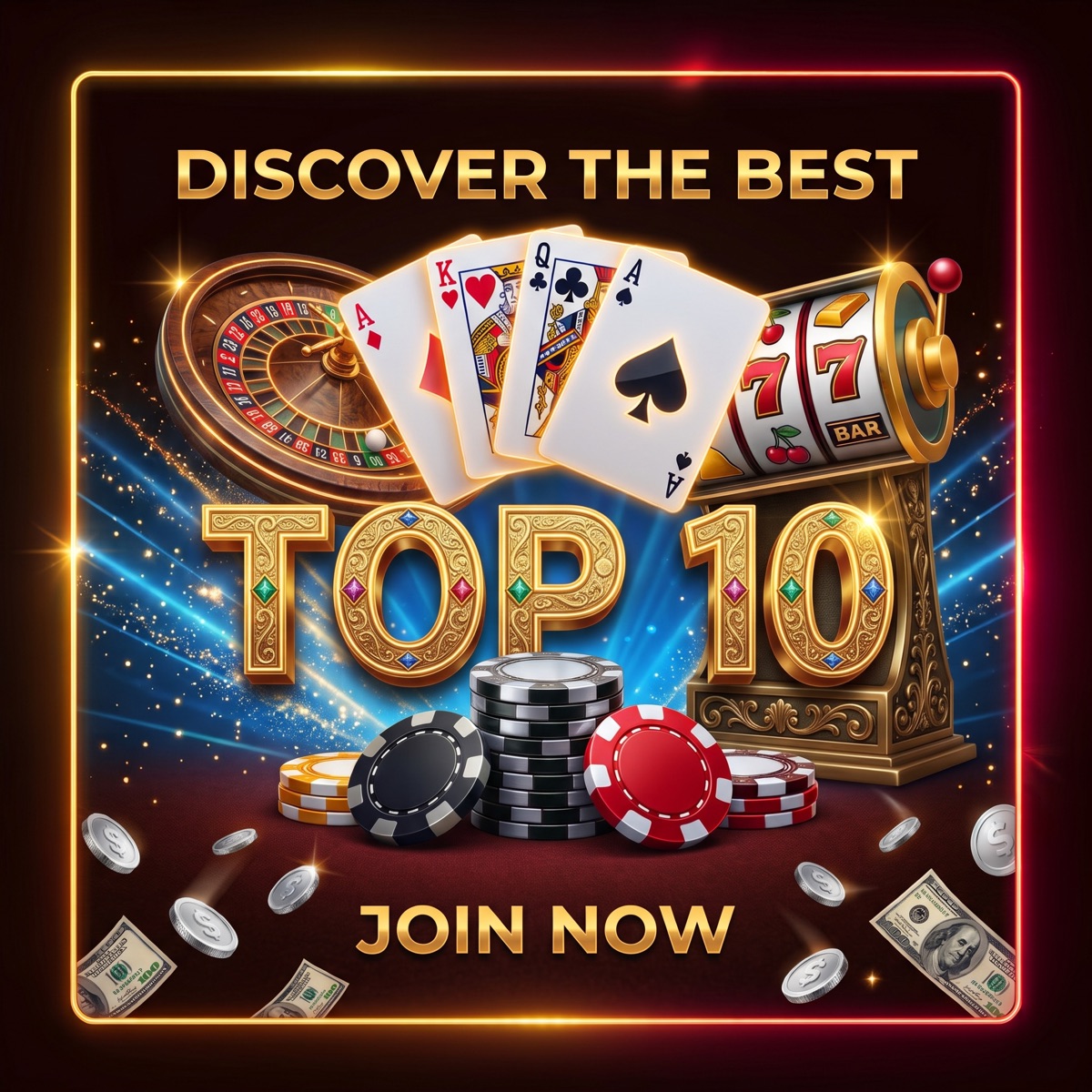 Casino ranking graphic with cards, a roulette wheel, chips and a slot machine.